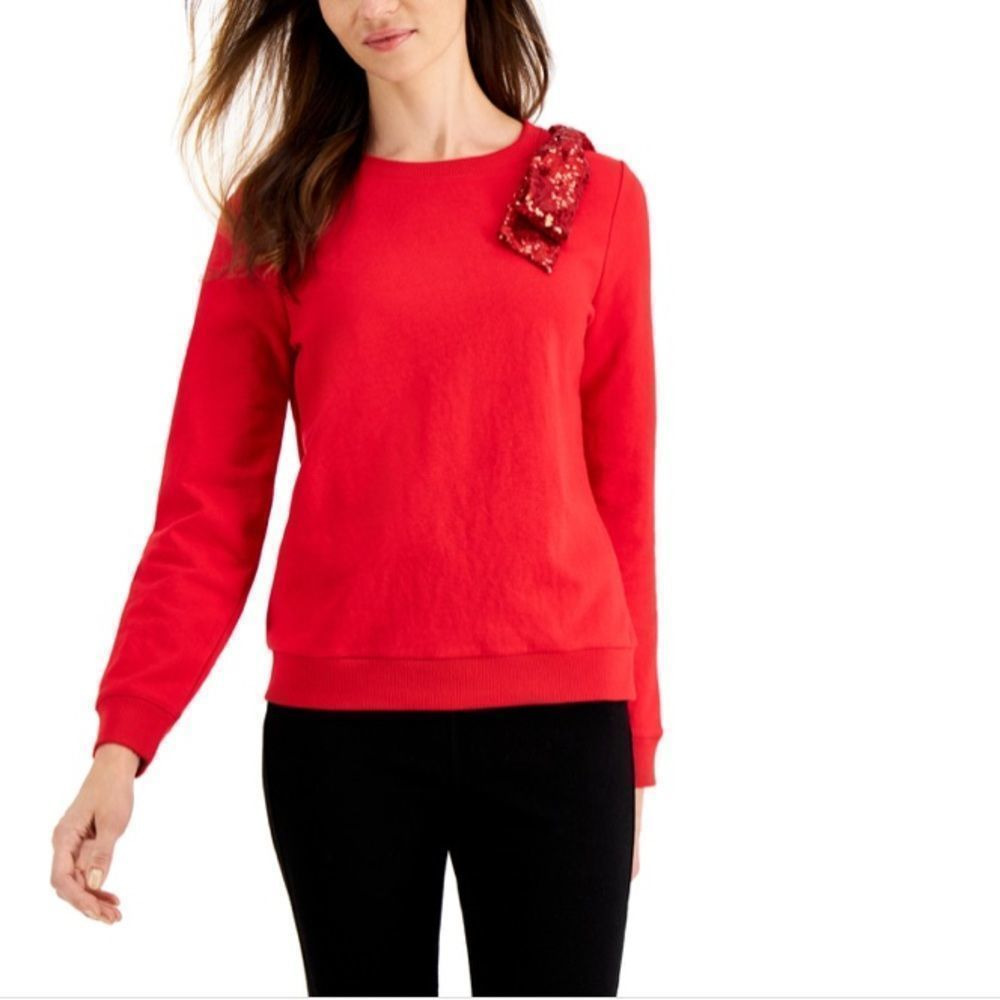 NWT Charter Club Red Sequined Bow Long Sleeve Sweatshirt SZ- M